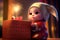 Baby with bunny hat and Chinese clothes opening gift with pop-up fireworks. New year and Christmas festival concept. Generative AI