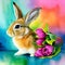 Baby Bunny rabbit holding gift of a bouquet of tulips watercolor, Generative AI