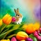 Baby Bunny rabbit holding gift of a bouquet of tulips watercolor, Generative AI