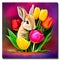 Baby Bunny rabbit holding gift of a bouquet of tulips watercolor, Generative AI