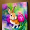 Baby Bunny rabbit holding gift of a bouquet of tulips watercolor, Generative AI