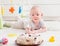 Baby and Cake, Kid Celebrating Birthday, Crawling Infant Child, Domestic Life