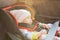 Baby in the car, the concept of safe transportation of children in the car seat, seat belts, safe