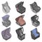 Baby car seat icons set, isometric style