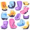 Baby car seats flat icons set. Baby carriage comfortable protective seats. Colorful safety chair with belt and strap