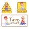 Baby in car sign stickers illustration or twins on board caution warning labels isolated set