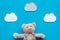 Baby care. Newborn baby concept. Baby sleep concept. Teddy bear toy near clouds on blue background top view