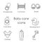 Baby care outline icons. Newborn baby clothes, baby booties, toys and other vector icons, symbols