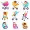 Baby carriage. Children in kids strollers, boys and girls in car seats, little multiethnic babies in perambulator or