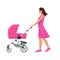 Baby carriage isolated on a white background. Kids transport. Strollers for baby boys or baby girls. Woman with baby