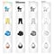 Baby carriage, pantyhose, children`s booties, breast bib. Baby care set collection icons in cartoon black monochrome