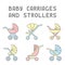 Baby carriages and strollers icons set