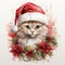Baby cat with santa hat with pattern made of real poinsettia flower watercolor. Christmas Baby cat illustration. For banners,
