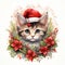 Baby cat with santa hat with pattern made of real poinsettia flower watercolor. Christmas Baby cat illustration. For banners,