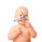 Baby chewing glasses.