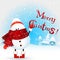 baby Christmas Snowman holds text Merry Christmas ! Christmas Greeting Card. cartoon illustration.