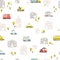 Baby City landscape with transport. Vector seamless pattern. Cartoon illustration in childish hand-drawn scandinavian style. For