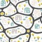 Baby City map with roads and buildings. Vector seamless pattern. Cartoon illustration in childish hand-drawn scandinavian style.