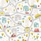 Baby City map with roads and transport. Vector seamless pattern. Cartoon illustration in childish hand-drawn scandinavian style.