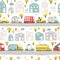 Baby City map with roads and transport. Vector seamless pattern. Cartoon illustration in childish hand-drawn scandinavian style.