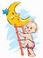 Baby climbing on moon at night through ladder