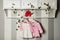 Baby clothes, concept of child fashion. Flat lay children`s clothing and accessories. Baby template background with copy