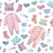 Baby clothes illustrations in a seamless pattern. Painted in watercolor.