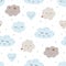 Baby clouds pattern. Nursery dream seamless pattern. Smiling clouds stars Light blue kids sky background. Cute vector