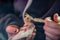 Baby cockatiel parrot being hand fed - hand raised bird pet, held in human hand