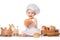 Baby cook sits on the table bread bread flour. isolated on white. big size resolution. Food banner for text or design. Cooking