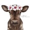 Baby cow in floral wreath.