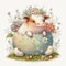 Baby Cow Poses with Soft Watercolor Florals and Easter Eggs AI Generated