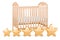 Baby crib, infant bed with five golden stars. 3D rendering