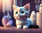 Baby, cute, cartoon cat in the veterinary office background, milky pastel colors. Futuristic world. AI generation