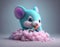 Baby, cute, cartoon mint green mouse eating candy in cotton candy on watercolor pastel background, AI Generated