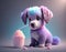 Baby, cute, cartoon purple puppy with cupcake full of cotton candy on watercolor pastel background, AI Generated
