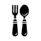 Baby cutlery icon. Black and white silhouette of a baby fork and spoon.