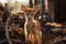 a baby deer stands in front of a pile of wood