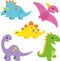 Baby Dinosaur Cartoon Set.Bright and playful cute Brachiosaurus, Pterodactyl, Tyrannosaurus rex, Triceratops and Stegosaurus