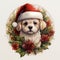 Baby dog with santa hat and christmas flower watercolor. Christmas Baby dog illustration. For banners, posters, advertising. AI