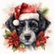 Baby dog with santa hat with pattern made of real poinsettia flower watercolor. Christmas Baby dog illustration. For banners,