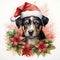 Baby dog with santa hat with poinsettia flower watercolor. Christmas Baby dog illustration. For banners, posters, advertising. AI