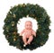 Baby doll angel boy sitting on christmas wreath