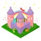 Baby dragons in castle vector illustration isometric isolated. Cute funny cartoon fairytale fantasy animals little