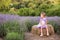 Baby in a dress plays hay in a lavender field