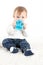 Baby drinking water from a canteen with handles