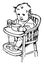 Baby eating out of a bowl on his high chair in this picture, vintage engraving