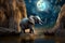 Baby elephant near waterfall in night with moon. Generative AI