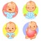 Baby emotions sticker set. Cry,, happy, meditate.