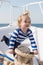 Baby enjoy sea cruise. Boy sailor travel sea. Boy sea yacht travel around world. Sea traveller. Time for adventure. If